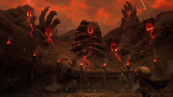 A dark, ominous landscape with twisted rock formations rising against a fiery sky. Six glowing red banners are positioned among the rocks, surrounded by flames. A solitary figure stands in the foreground, gazing towards the backdrop.