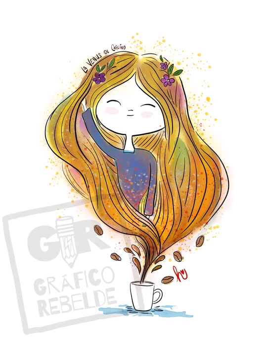 Ilustración hecha a mano con acuarela y pluma de una venus naciendo de una taza de café. Ilustración estilo kawaii. Lámina disponible para la venta.