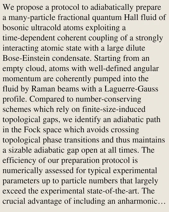 We propose a protocol to adiabatically prepare a many-particle fractional quantum Hall fluid of bosonic ultracold atoms exploiting a time-dependent coherent coupling of a strongly interacting atomic state with a large dilute Bose-Einstein condensate. Starting from an empty cloud, atoms with well-defined angular momentum are coherently pumped into the fluid by Raman beams with a Laguerre-Gauss profile. Compared to number-conserving schemes which rely on finite-size-induced topological gaps, we identify an adiabatic path in the Fock space which avoids crossing topological phase transitions and thus maintains a sizable adiabatic gap open at all times. The efficiency of our preparation protocol is numerically assessed for typical experimental parameters up to particle numbers that largely exceed the experimental state-of-the-art. The crucial advantage of including an anharmonic confinement is finally highlighted.