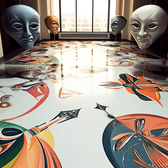 In a luminous, modern interior, four enigmatic faces—each mounted like artifacts—hover in quiet observation over a reflective, fluid-like floor adorned with abstract organic patterns. The masks, each distinct in tone and expression, evoke fragmented identities, suspended in a space between reality and reflection. Light pours through the window, amplifying the surreal stillness, while the mirrored surface below distorts perception—suggesting that what we see is only a surface layer of something far more complex and hidden.

Many faces. One illusion.