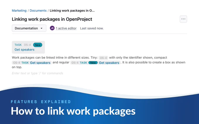 OpenProject Documents section showing work packages linked inline with different sizes.
