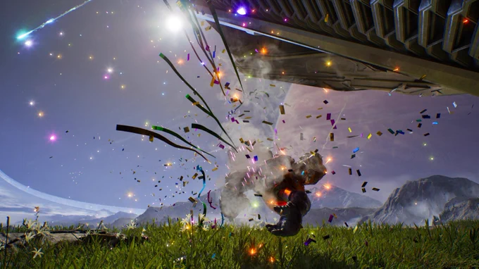 A Grunt is killed and surrounded by colorful confetti and sparks. The background features mountainous terrain and a clear sky, adding to the festive atmosphere. Light effects create a sense of movement and celebration.