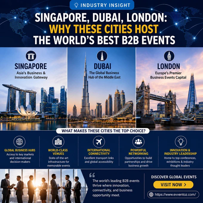 🌍 Why do Singapore, Dubai, and London host some of the world's most successful B2B events?

These global business hubs offer the perfect environment for conferences, exhibitions, and networking opportunities that drive innovation and business growth.

✅ Strategic global locations
✅ World-class event venues
✅ International connectivity
✅ Access to industry leaders and decision-makers
✅ Strong innovation ecosystems

Whether you're looking to expand your network, discover new business opportunities, or stay ahead of industry trends, these cities continue to lead the global events landscape.
#BusinessEvents #B2BEvents #GlobalNetworking #Conferences #TradeShows #BusinessGrowth #Innovation #Evventoz