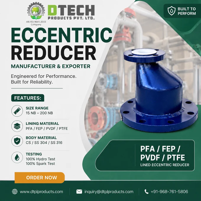 Our PFA / FEP / PVDF / PTFE Lined Eccentric Reducers are designed for demanding chemical processing applications where reliability and durability matter most.

✔ Size Range: 15 NB – 200 NB
✔ CS / SS304 / SS316 Construction
✔ 100% Hydro & Spark Tested
✔ Excellent Chemical Resistance
✔ Long Service Life

📍 Manufactured by DTech Products Pvt. Ltd.

🌐 www.dtplproducts.com
📧 inquiry@dtplproducts.com
📞  91-968-761-5806

#EccentricReducer #PTFELining #PFALining #ChemicalIndustry #IndustrialEquipment #ProcessEngineering #CorrosionResistance #Manufacturing #IndustrialSolutions

X (Twitter) Post
