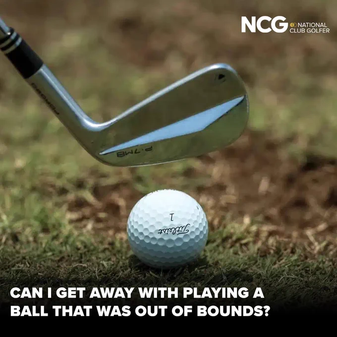 A close-up image of a golf iron club poised near a golf ball on a grassy surface, discussing out-of-bounds play.