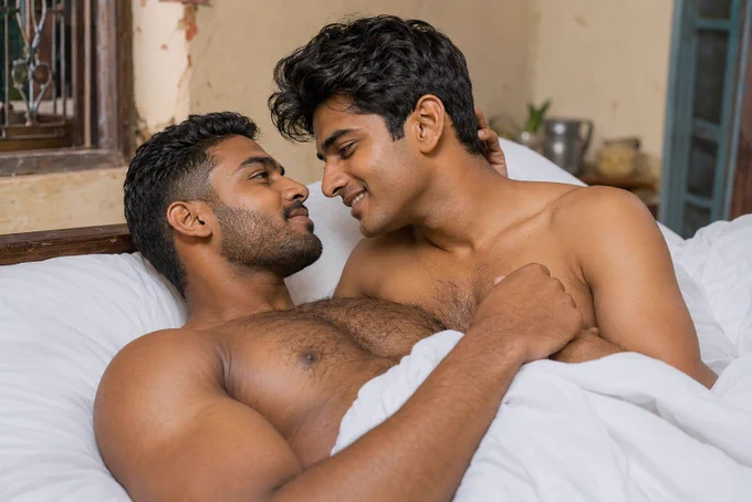 Two attractive, shirtless South Asian gay men sharing an intimate, romantic moment in bed. A handsome bearded man lies on his back under a white duvet, looking up lovingly. A cute guy with curly hair leans over him, smiling as they gaze into each other's eyes. Romantic gay couple intimacy, love, and morning cuddles.