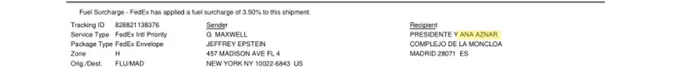 FedEx International Priority receipt from the Epstein files showing G. Maxwell and Jeffrey Epstein as senders, addressed to PRESIDENTE Y ANA AZNAR at COMPLEJO DE LA MONCLOA, MADRID. Document EFTA01314328.