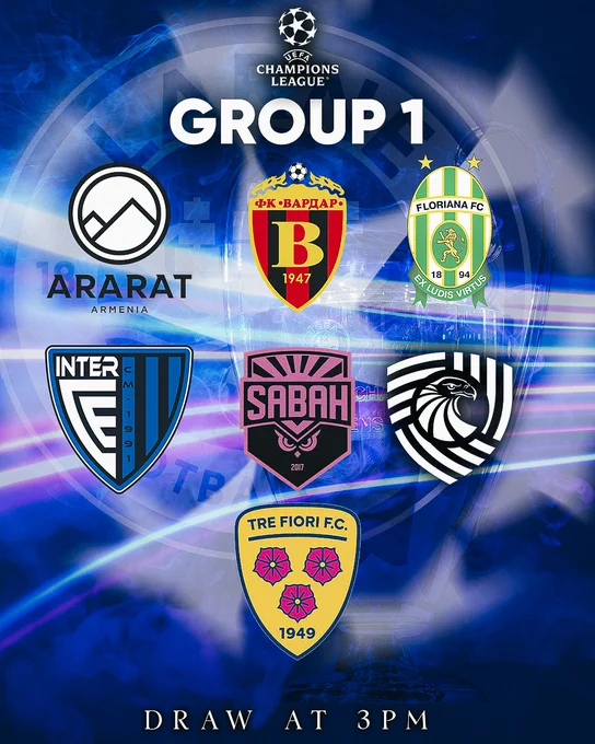 Graphic showing the logos of teams in Group 1 of the Champions League. Includes Ararat, Vardar, Floriana, Inter, Sabah, and Tre Fiori FC on a blue background.