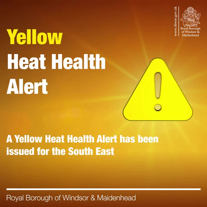 Yellow Heat Health Alert issued for the South East, with a warning triangle symbol.