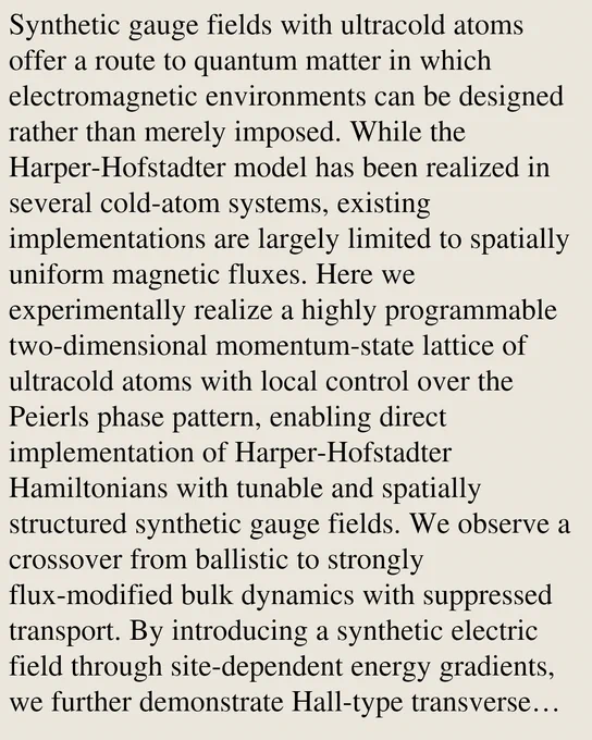Synthetic gauge fields with ultracold atoms offer a route to quantum matter in which electromagnetic environments can be designed rather than merely imposed. While the Harper-Hofstadter model has been realized in several cold-atom systems, existing implementations are largely limited to spatially uniform magnetic fluxes. Here we experimentally realize a highly programmable two-dimensional momentum-state lattice of ultracold atoms with local control over the Peierls phase pattern, enabling direct implementation of Harper-Hofstadter Hamiltonians with tunable and spatially structured synthetic gauge fields. We observe a crossover from ballistic to strongly flux-modified bulk dynamics with suppressed transport. By introducing a synthetic electric field through site-dependent energy gradients, we further demonstrate Hall-type transverse drift arising from the interplay between electric and magnetic fields. In addition, we engineer a synthetic flux domain wall separating regions with opposit