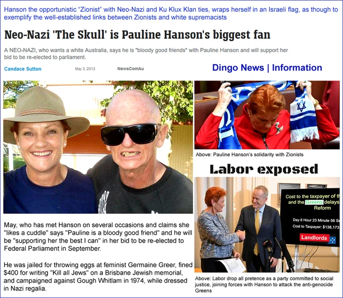 Hanson the opportunistic Zionist with Neo-Nazi and Ku Klux Klan ties