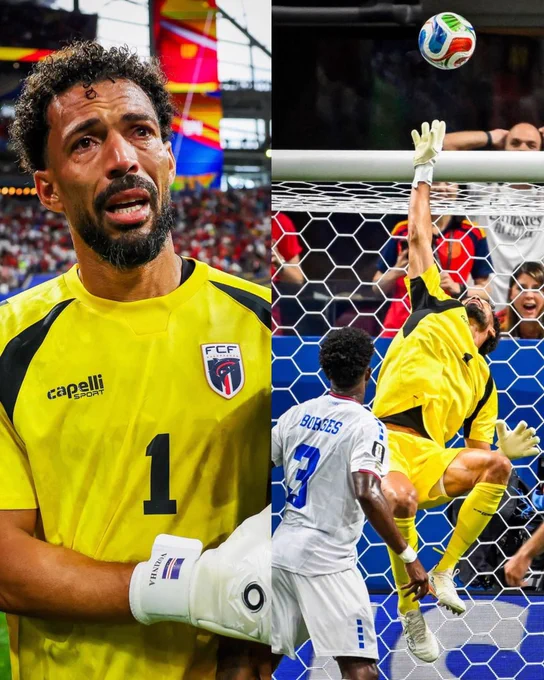 Duas imagens do Goleiro VOZINHA da seleção de Cabo Verde de Futebol no Jogo  contra Espanha, no lado esquerdo em pé 
e no lado direito fazendo uma defesa.