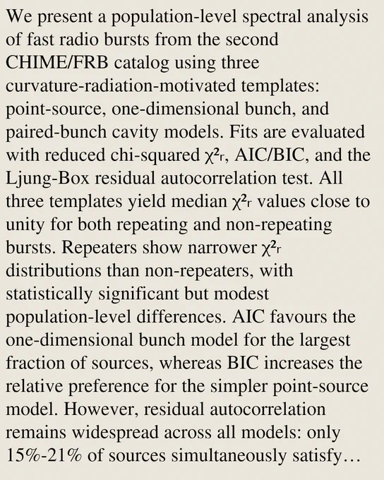 We present a population-level spectral analysis of fast radio bursts from the second CHIME/FRB catalog using three curvature-radiation-motivated templates: point-source, one-dimensional bunch, and paired-bunch cavity models. Fits are evaluated with reduced chi-squared χ²ᵣ, AIC/BIC, and the Ljung-Box residual autocorrelation test. All three templates yield median χ²ᵣ values close to unity for both repeating and non-repeating bursts. Repeaters show narrower χ²ᵣ distributions than non-repeaters, with statistically significant but modest population-level differences. AIC favours the one-dimensional bunch model for the largest fraction of sources, whereas BIC increases the relative preference for the simpler point-source model. However, residual autocorrelation remains widespread across all models: only 15%-21% of sources simultaneously satisfy goodness-of-fit and residual-independence criteria, indicating persistent structured residuals beyond the tested templates. These results suggest th
