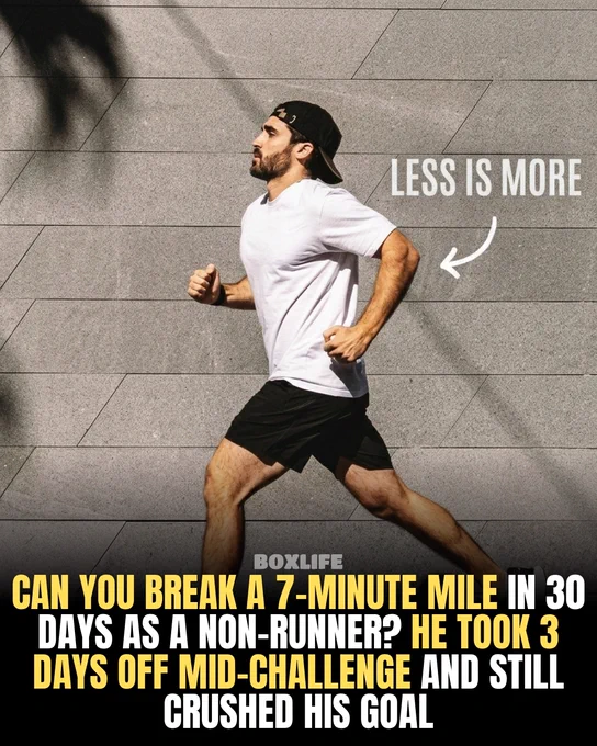 A man running outdoors against a concrete wall background with motivational text overlay highlighting his achievement of breaking a 7-minute mile in 30 days. The image conveys perseverance and fitness.
