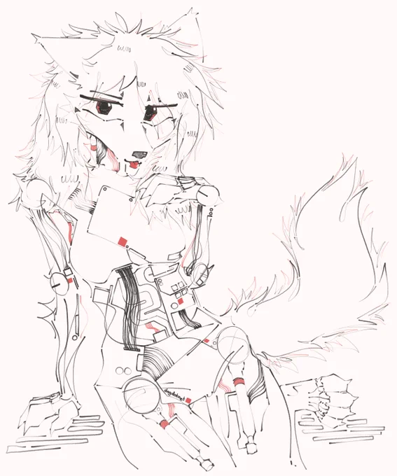 Nikki (fox) sitting on the ground laying back on her right paw, staring at you. Also, mechanical design bits for funsies :3