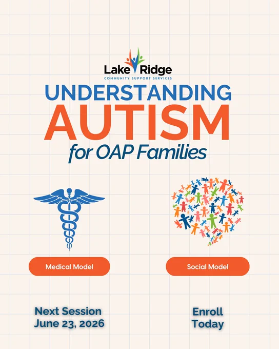 Promotional flyer for an autism understanding session for OAP families with medical and social models. Bright and informative tone.