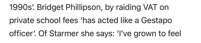 A quote from a Kemi Badenoch interview, comparing Bridget Phillipson to a Gestapo officer.