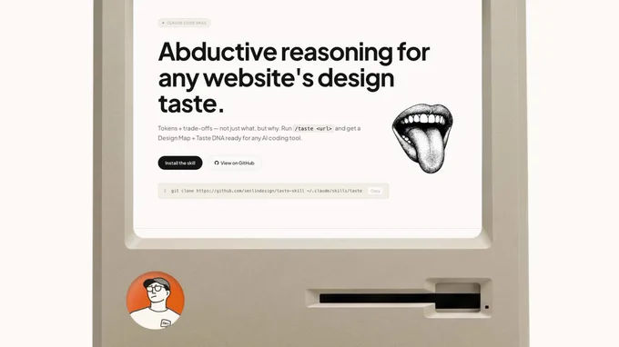 Retro Macintosh-style screen showing the Taste Lab landing page. Large headline: "Abductive reasoning for any website's design taste." Includes install and GitHub buttons, a clone command, and an ink drawing of a mouth sticking out its tongue.