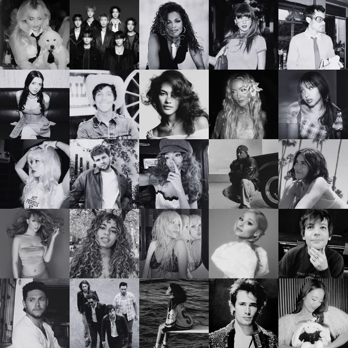 row 1: sabrina carpenter / bts / janet Jackson / taylor swift / harry styles
row 2: lizzy mcalpine / role model / olivia dean / zara larsson / pinkpantheress
row 3: maisie peters / alex warren / ravyn lenae / kendrick lamar / gracie abrams
row 4: mariah carey / bella kay / carly rae jepsen / ariana grande / louis tomlinson
row 5: niall horan / arctic monkeys / sza / jeff buckley / laufey