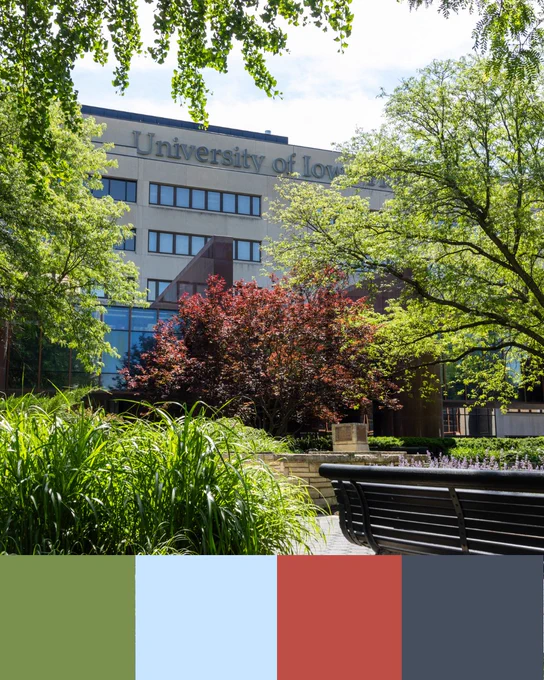 A university building, partially obscured by lush greenery and a dense mix of trees, is seen under a bright blue sky. The building is labeled "University of Loyola." In the foreground, a variety of plants and a curved bench add to the scene's serene campus atmosphere. Below, there are swatches of colors: olive green, light blue, brick red, and dark gray.