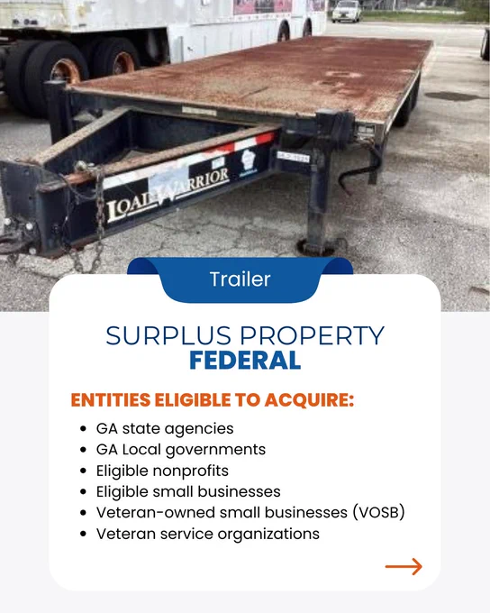 Graphic contains image of a black 2010 Johnson Trailer. The graphic also contains a list of the type of entities eligible to acquire the item. 