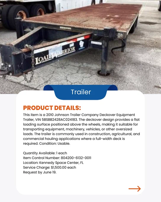 Graphic contains image of a black 2010 Johnson Trailer. The graphic also contains written information about the item including the price of $1,500.00 each and the items location which is Kennedy Space Center, FL.  