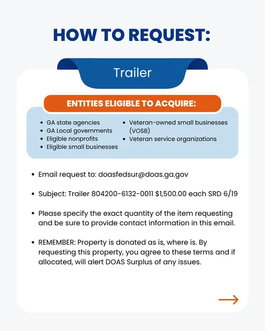 The graphic contains written information about the item and how to request it from DOAS Surplus. To request, interested parties must email doasfedsur@doas.ga.gov with the item name in the subject line. This item must be requested by June 19. 