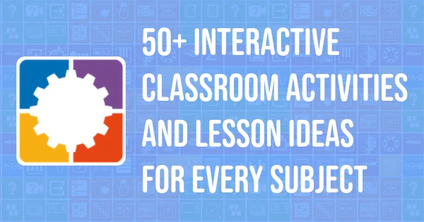 BookWidgets blog header featuring the BookWidgets logo on a blue background patterned with classroom activity icons. White text reads: "50  Interactive Classroom Activities and Lesson Ideas for Every Subject."
