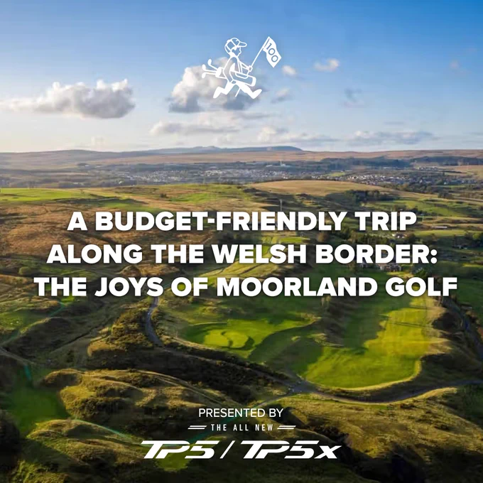 A scenic image depicting a budget-friendly golf trip along the Welsh border. The landscape showcases green moorland golf courses under a blue sky.