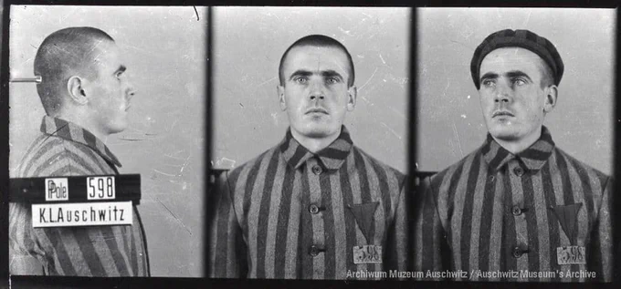 A mugshot registration photograph from Auschwitz. A man with a shaved head wearing a striped uniform photographed in three positions (profile and front with bare head and a photo with a slightly turned head with a hat on). The prisoner number is visible on a marking board on the left.