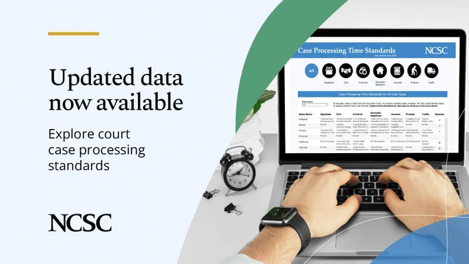 Graphic illustration with decorative elements and a photo of a computer with NCSC's Case Processing Time Standards data table on the screen. Text reads, "Updated data now available." NCSC logo included. 
