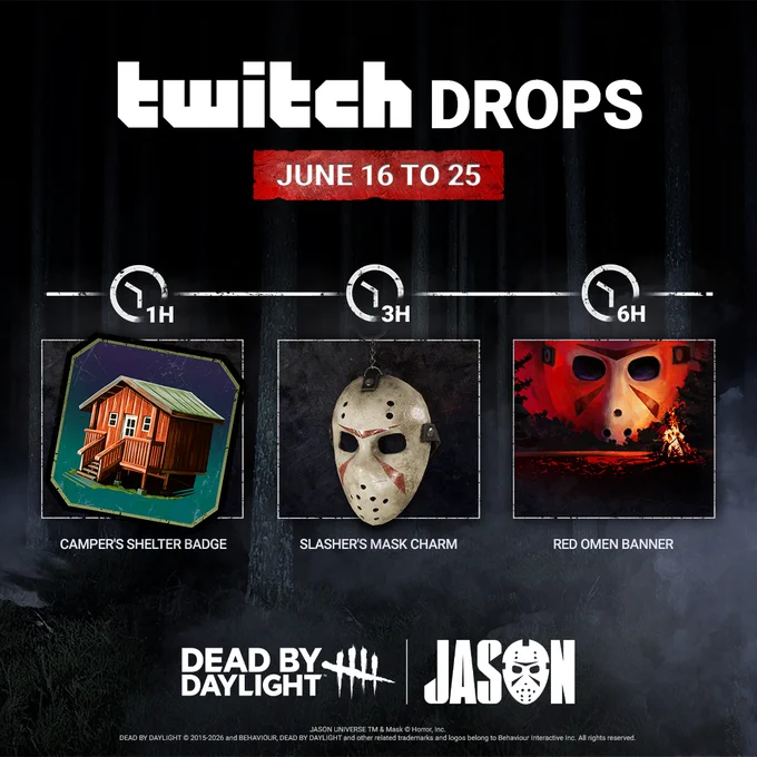 The three drops available for the release of Jason's Chapter: a Camper's Shelter Badge, a Slasher's Mask Charm and a Red Omen Banner. 