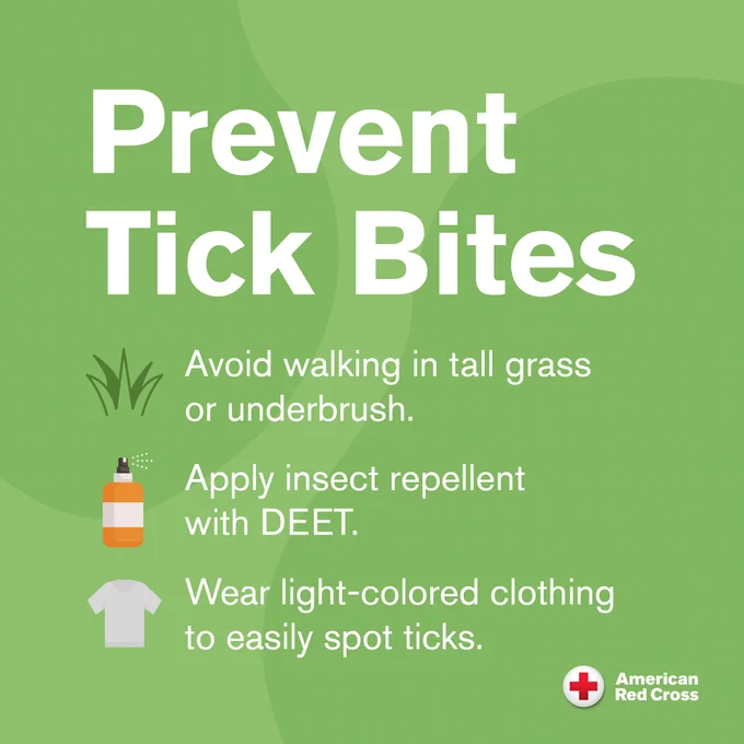 The image is a safety poster from the American Red Cross titled "Prevent Tick Bites." It advises: avoid walking in tall grass or underbrush, apply insect repellent with DEET, and wear light‑colored clothing to spot ticks easily.