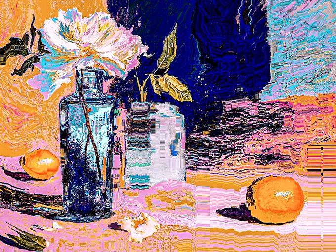 a vase with flowers and clementines on a table with a distorted glitched painting effect made in a meditative moment with many colors, pink, orange and dark blue  