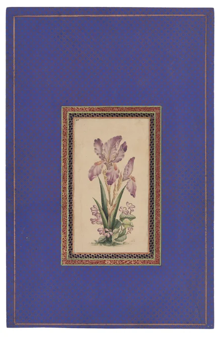 AN ILLUSTRATED PAGE FROM A SAFINA MANUSCRIPT DEPICTING THE COURT OF THE FRANKS AND AN ALBUM PAGE WITH A PAINTING OF AN IRIS
ZAND AND QAJAR IRAN, 18TH AND 19TH CENTURY
The Court of the Franks, opaque pigments heightened with gold on paper, an identification inscription reading majlis al-firangi along the top edge, within gold and polychrome rules and blue-speckled margins, the verso with 14ll. black nasta'liq arranged in two columns; the iris opaque pigments on paper, set within gold-illuminated blue and red borders with wide blue margins, later ascription to Muhammad Zaman and the date of AH 1084⁄1673-74 AD, '56' in black ink in the top left, the verso plain
The largest 6 ¾ x 3 ¾in. (16.8 x 9.5cm.); folio 15 7⁄8 x 10 ¼in. (40.3 x 26.1cm.)