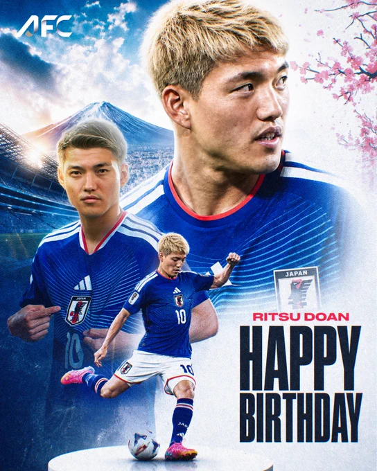 A vibrant collage celebrating Ritsu Doan's birthday, featuring multiple images of him in Japan's football jersey against a backdrop of Mount Fuji and cherry blossoms. The composition includes text overlay wishing him a happy birthday.