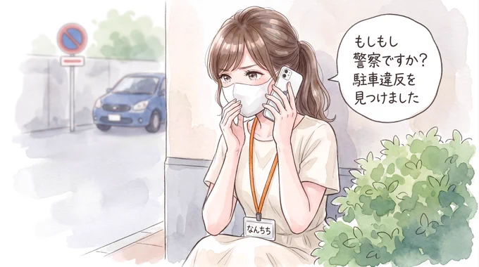 Cute anime girl "Nanchichi" behind a bush, snitching on illegal parking with major Karen energy.