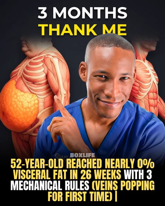 A man in medical attire smiling confidently, with anatomical diagrams highlighting body fat reduction success. Energetic and motivational tone.