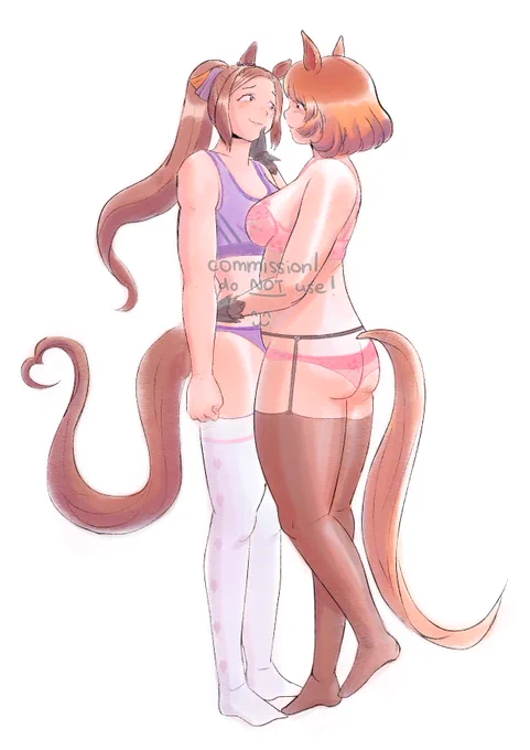 a digital drawing of sakura bakushin o and north flight from umamusume. both of them are dressed partially in their racewear - bakushin in her race socks and north flight in her stockings. north flight is wearing a pink frilly lingerie set decorated with flowers, and bakushin wearing a basic purple sports bra and panties. north flight is holding bakushin by the waist and cupping her cheek, while bakushin looks at her with adoring eyes. bakushin's tail is curled to form a heart shape.