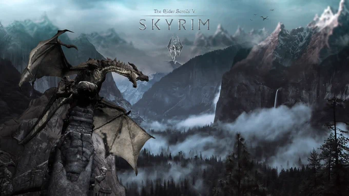 Elder Scrolls V SKYRIM image with a dragon on a mountain. 