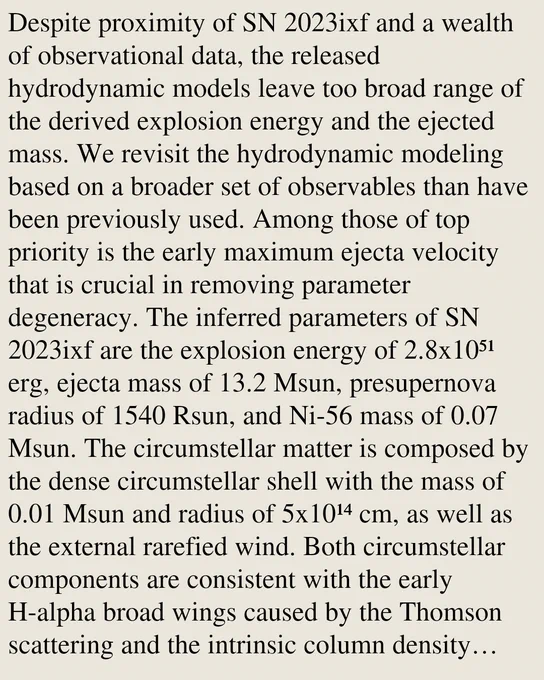 Despite proximity of SN 2023ixf and a wealth of observational data, the released hydrodynamic models leave too broad range of the derived explosion energy and the ejected mass. We revisit the hydrodynamic modeling based on a broader set of observables than have been previously used. Among those of top priority is the early maximum ejecta velocity that is crucial in removing parameter degeneracy. The inferred parameters of SN 2023ixf are the explosion energy of 2.8x10⁵¹ erg, ejecta mass of 13.2 Msun, presupernova radius of 1540 Rsun, and Ni-56 mass of 0.07 Msun. The circumstellar matter is composed by the dense circumstellar shell with the mass of 0.01 Msun and radius of 5x10¹⁴ cm, as well as the external rarefied wind. Both circumstellar components are consistent with the early H-alpha broad wings caused by the Thomson scattering and the intrinsic column density provided by X-ray data. Based on the radiation hydrodynamics we, for the first time, simulate the SN 2023ixf phenomenon from 