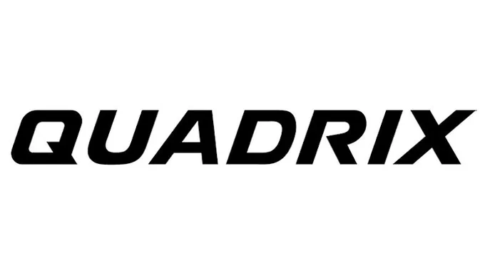 黒い背景に白い文字で「QUADRIX」と書かれています。フォントは太く、モダンなデザインです。文字はすべて大文字で、少し斜めに傾いています。