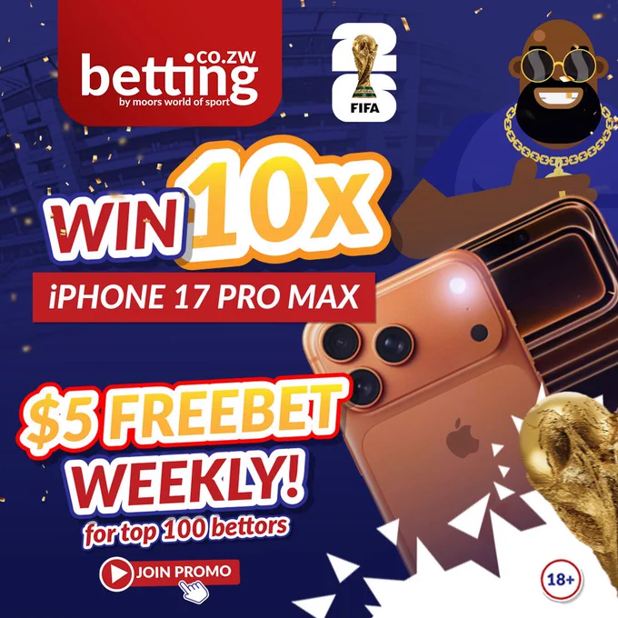 Colorful advertisement for a betting promotion offering a chance to win an iPhone 17 Pro Max and weekly free bets for top bettors. The design is vibrant and energetic.