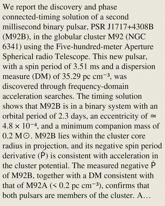 We report the discovery and phase connected-timing solution of a second millisecond binary pulsar, PSR J1717 4308B (M92B), in the globular cluster M92 (NGC 6341) using the Five-hundred-meter Aperture Spherical radio Telescope. This new pulsar, with a spin period of 3.51 ms and a dispersion measure (DM) of 35.29 pc cm⁻³, was discovered through frequency-domain acceleration searches. The timing solution shows that M92B is in a binary system with an orbital period of 2.3 days, an eccentricity of ≃ 4.8 × 10⁻⁴, and a minimum companion mass of 0.2 M⊙. M92B lies within the cluster core radius in projection, and its negative spin period derivative (Ṗ) is consistent with acceleration in the cluster potential. The measured negative Ṗ of M92B, together with a DM consistent with that of M92A (< 0.2 pc cm⁻³), confirms that both pulsars are members of the cluster. A Bayesian Markov Chain Monte Carlo analysis based on these two pulsars yields broad constraints on the core structural parameters of M92