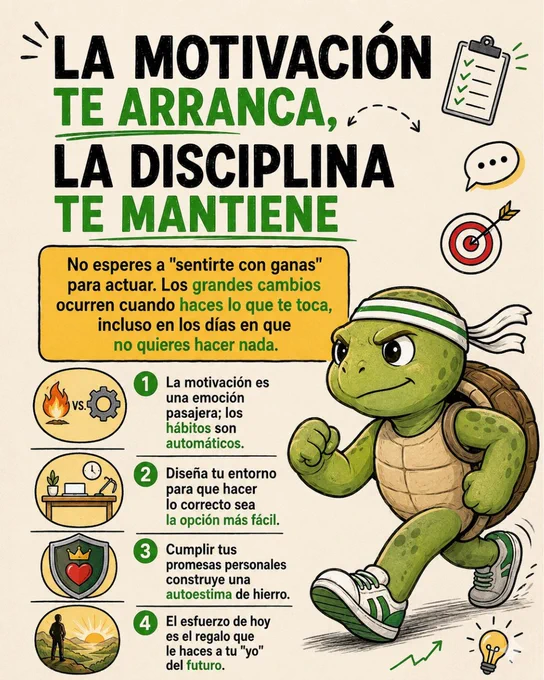 Ilustración motivacional con una tortuga deportista. Título: “La motivación te arranca, la disciplina te mantiene”. Incluye 4 consejos sobre hábitos y disciplina con iconos de fuego vs engranaje, escritorio, escudo y amanecer.