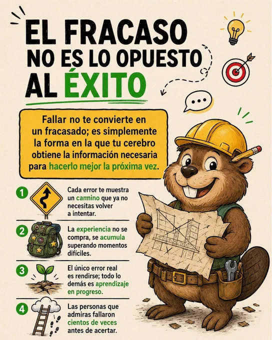 Ilustración sobre el fracaso con un castor constructor. Título: “El fracaso no es lo opuesto al éxito”. Incluye 4 mensajes sobre aprender de los errores, acumular experiencia y persistir.