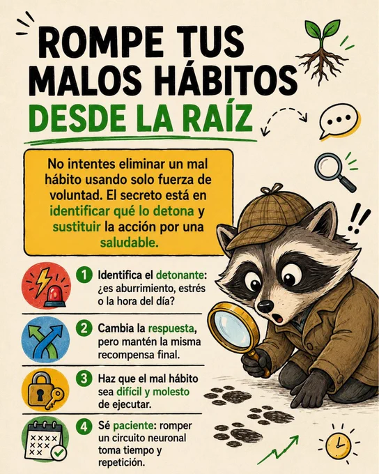 Ilustración sobre romper malos hábitos con un mapache detective. Título: “Rompe tus malos hábitos desde la raíz”. Muestra 4 pasos para identificar detonantes, cambiar la respuesta y hacer el mal hábito difícil.