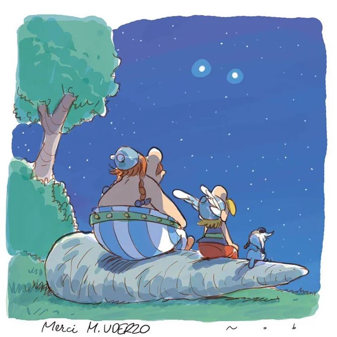 Asterix, Obelix und Idefix sitzen auf einem liegenden Hinkelstein, der im Gras liegt. Sie schauen zum Nachthimmel hinauf, in dem zwei Sterne größer scheinen als die anderen. Links neben ihnen steht ein Baum.