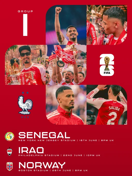 Best of luck to William Saliba and France who begin their World Cup campaign today. France's Group I fixtures are:

vs. Senegal
New York/New Jersey Stadium | 16 June | 8pm UK

vs. Iraq
Philadelphia Stadium | 22 June | 10pm UK

vs. Norway
Boston Stadium | 26 June | 8pm UK