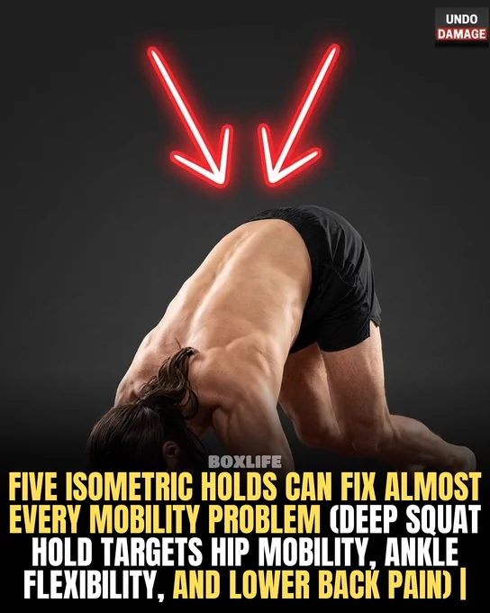 A muscular person performing an isometric hold exercise to enhance mobility. Red arrows highlight the posture.